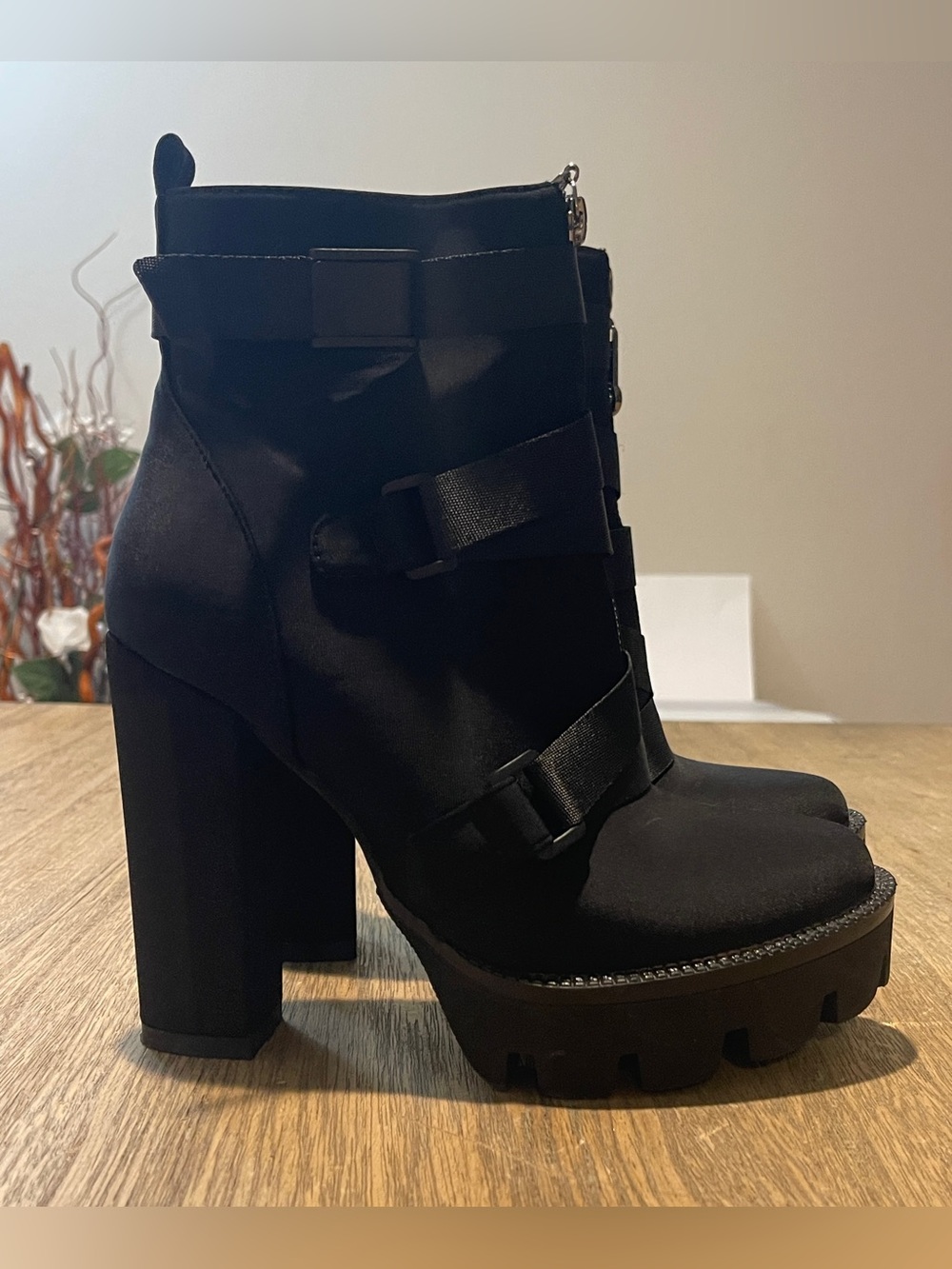 Wetkiss Women's Black Chunky Heel Ankle Boots with Strap Detail, Size 7